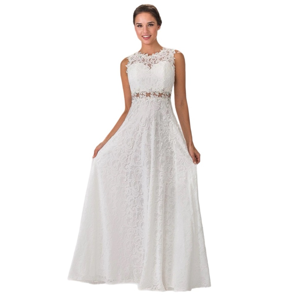 Elizabeth K GLS Collective Women’s White Lace Rhinestone Long Maxi Evening Dress - Picture 4 of 16